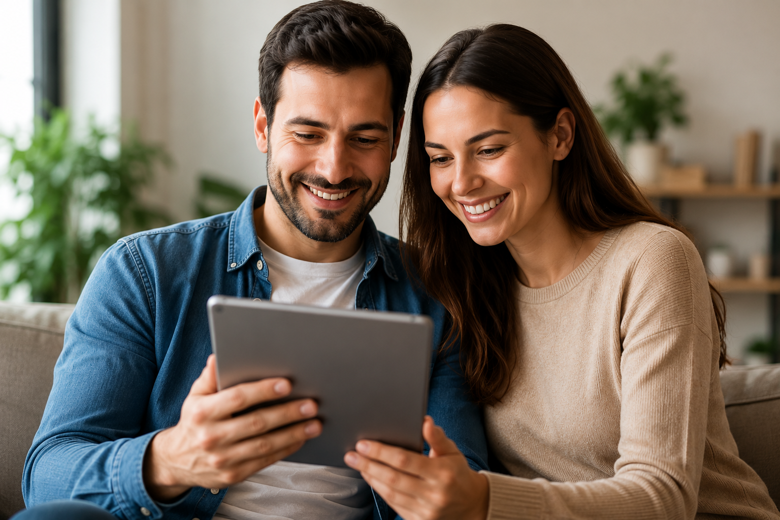 Casal feliz usando tablet para acessar serviços financeiros